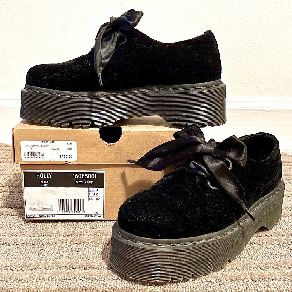 RARE Dr Martens Holly Black Velvet Shoes